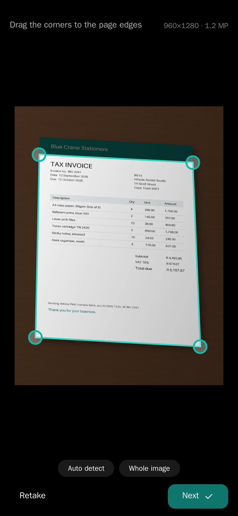 CamScanPDF detecting the edges of a tax invoice, with draggable corner handles