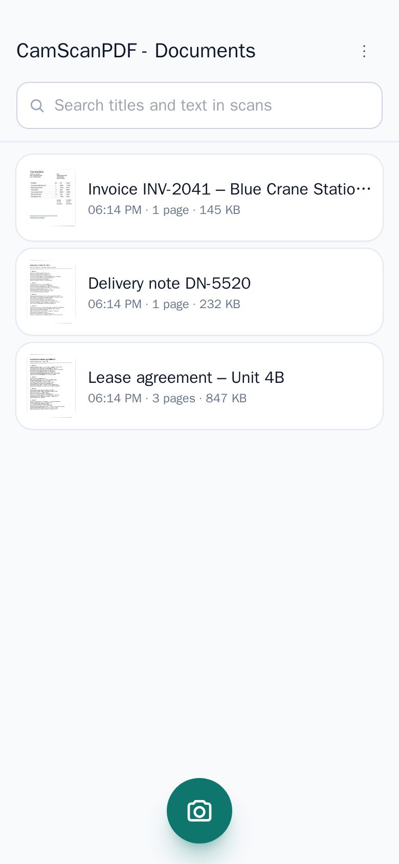 Document list with a search box for titles and text in scans